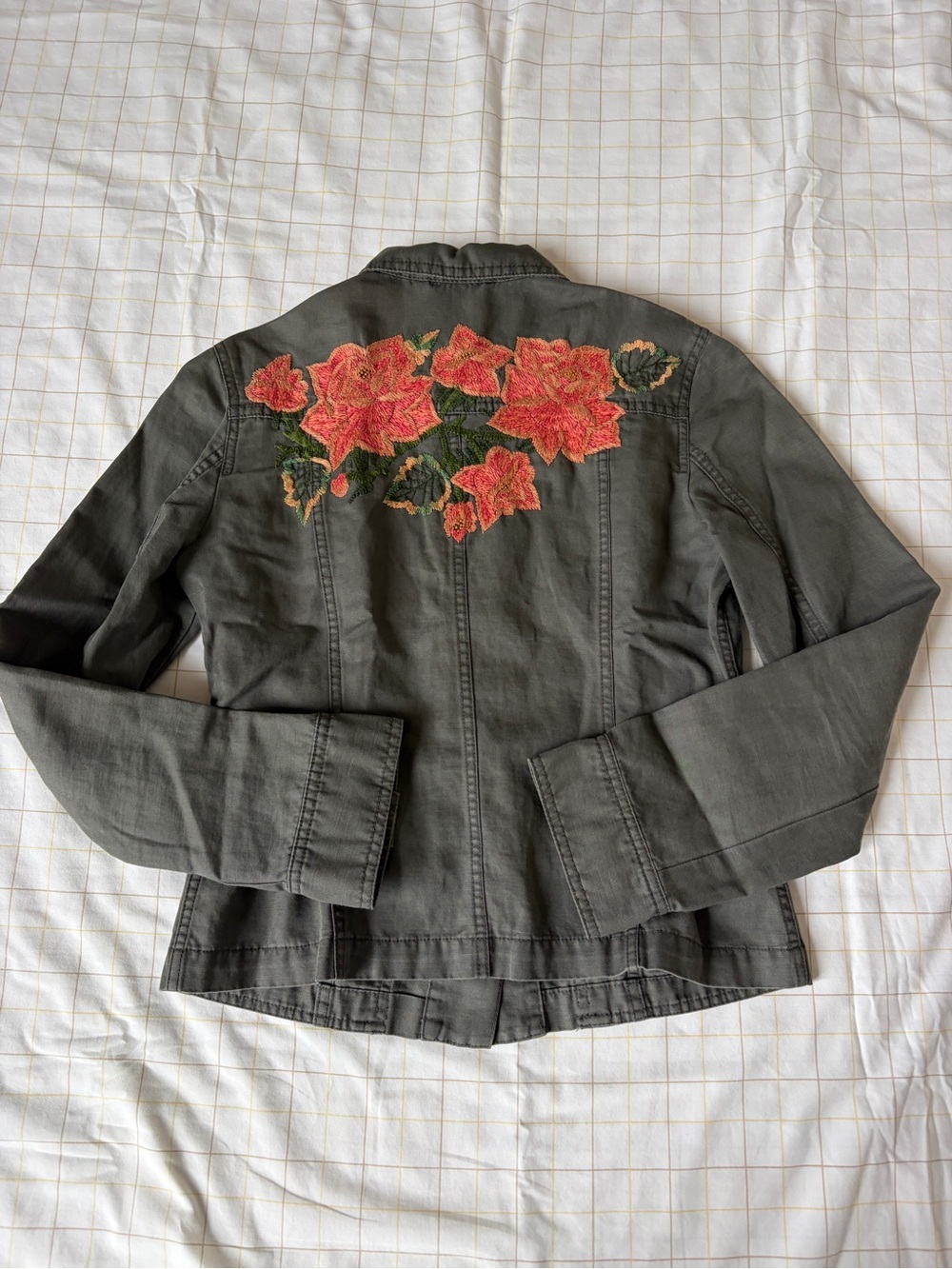 Women's Olive Utility Button-Front Jacket with embroidered flower on the back